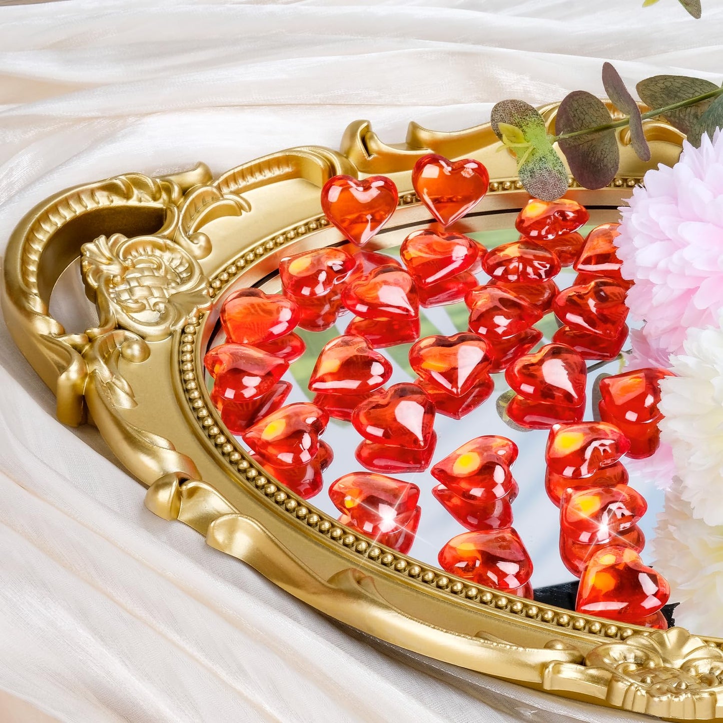 215pcs Red Heart Acrylic, 1Inch Crystal Rhinestones, Diamond Fake Gems Vase Filler for Table Scatters Wedding Party Event Valentine's Day Decoration Favor