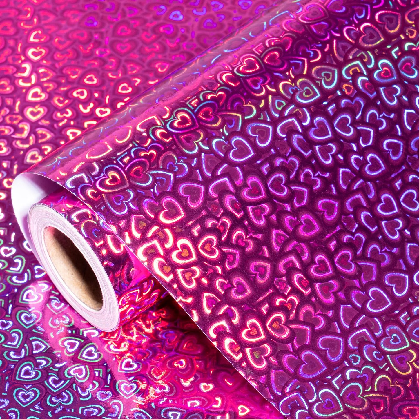 Heart Wrapping Paper Roll - Mini Roll - 17 Inch x 16.5 Feet - Hot Pink Little Heart Metallic Holographic Wrapping Paper for Valentines Day, Birthday, Wedding, Baby Shower, Bridal Shower