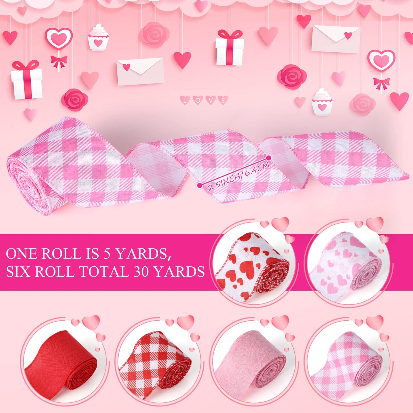 6 Rolls 30 Yards Valentine‘s Day Wired Ribbon 2.5 Inch Heart Printed Valentine Burlap Wired Ribbon Checkered Buffalo Plaid for Wreath Bow Craft Decor
