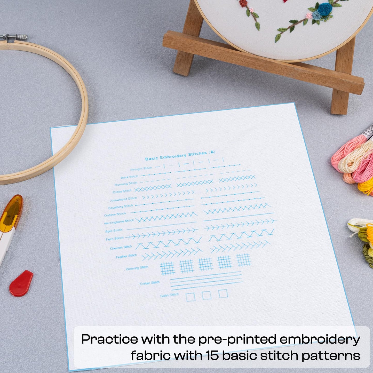 Caydo Embroidery Kit with Water Soluble Embroidery Stabilizer Including 2Pcs Embroidery Hoops, 100 Color Threads, Embroidery Fabric, and Cross Stitch Tool Embroidery Starter Kits for Adults Beginners