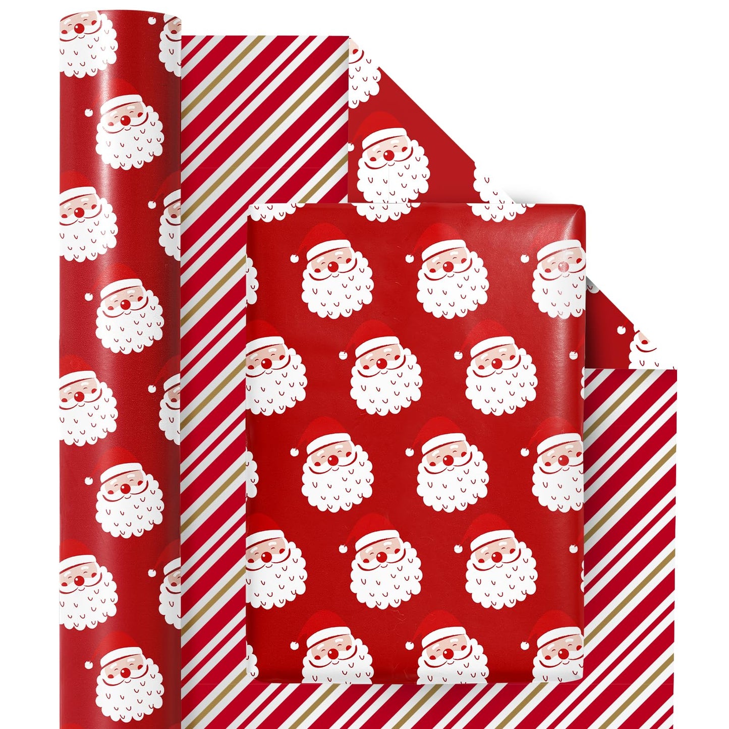 Reversible Wrapping Paper Roll - Mini Roll - Christmas Santa Claus and Stripe Pattern Great for Christmas, Party, Holiday - 17.5 Inches X 32.8 Feet
