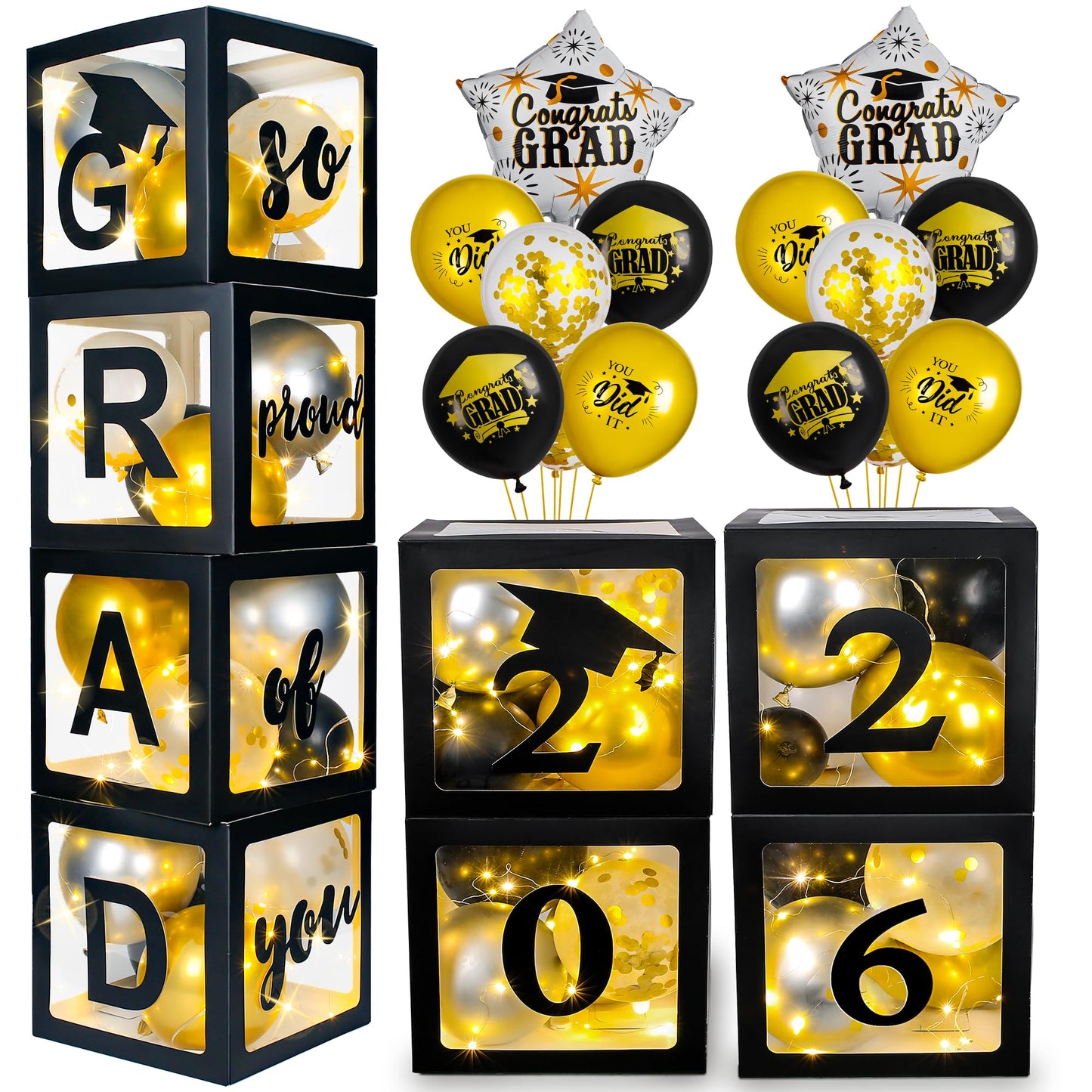 AYGXU Graduation Decorations 2026-Graduation Party Decorations,Graduation Balloons Boxes(4PCS) with LED Light Strings & Letters 2026 GRAD So Proud of You,Party Favors For Any Grades Class.