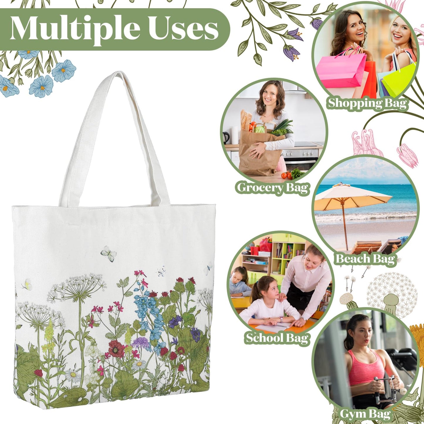 2 Pcs 2 Pcs Spring Canvas Tote Bags Floral Tote Bag Cute Aesthetic Wildflower Herbs Reusable Grocery Bags for Women (Classic)