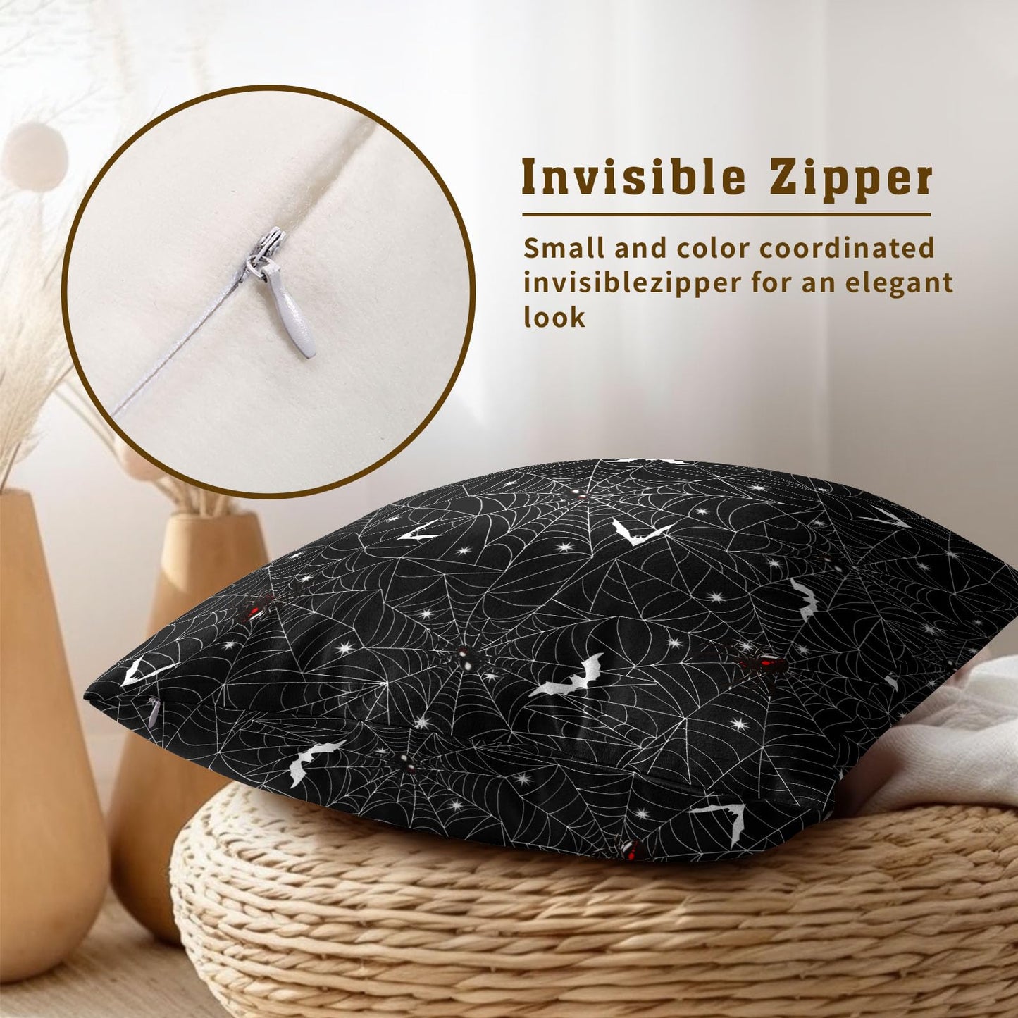 Halloween Spider Web Throw Pillow Covers 18X18 Inches Set of 2 White Bat Pillowcase Soft Cotton Square Cushion Covers for Home Sofa Bedroom Decoration