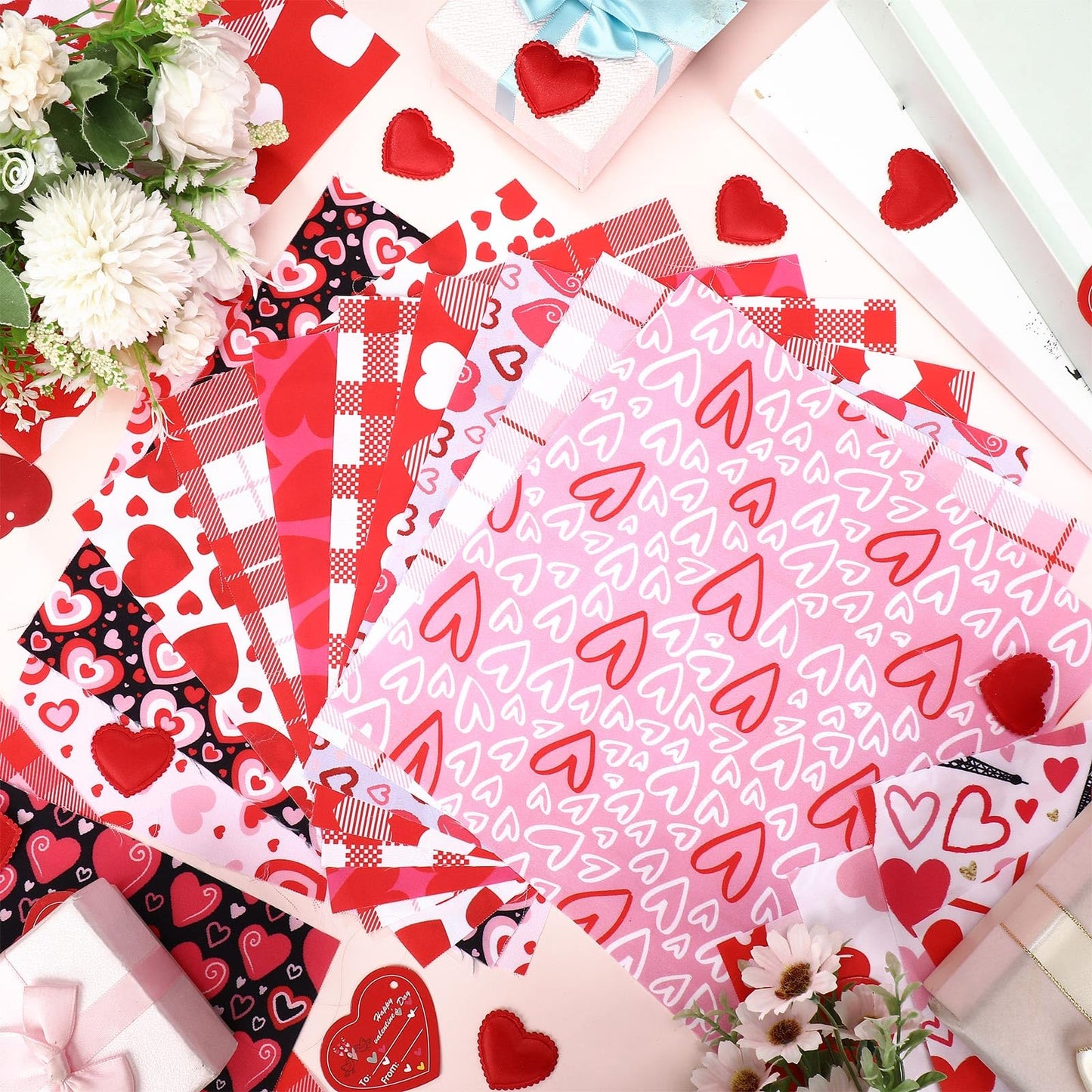 100 Pcs 10 x 10 Inch Valentine‘s Day Fabric Bundles Rose Red Pink Heart Love Printed Fat Quarters Quilting Patchwork Squares Sewing Fabrics for DIY Handmade Crafting Home Party Decor
