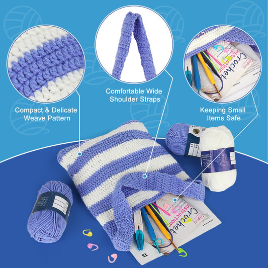 Crochet Set for Crochet Shoulder Bag, Crochet Kit for Beginners Included Instructions & Crochet Accessories Tools, Complete Crochet Starter Kit Learn to Crochet Blue and White Striped Tote Bag