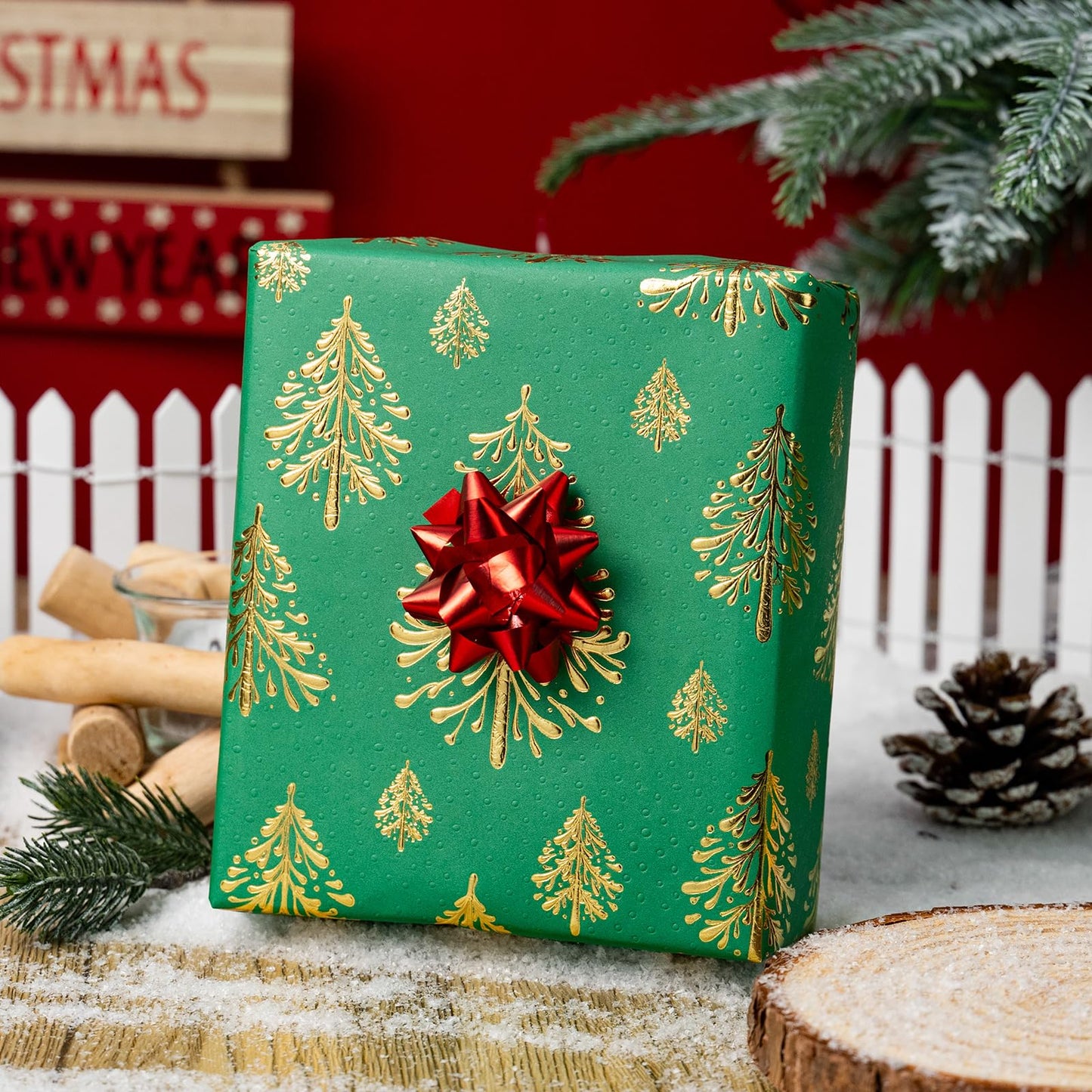 Kraft Christmas Wrapping Paper, Green 3D Embossed Gold Foil Christmas Pine Tree with Woodlands Wrap Paper for Holiday, Party,Celebration, New Year (17 Inch X 32.8 Feet)