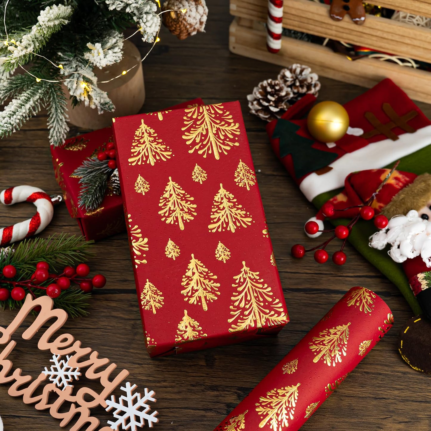 Kraft Christmas Wrapping Paper,Red and Gold 3D Embossed Foil Christmas Trees with Woodlands Wrap Paper for Holiday, Party,Celebration, New Year (17 Inch X 32.8 Feet)