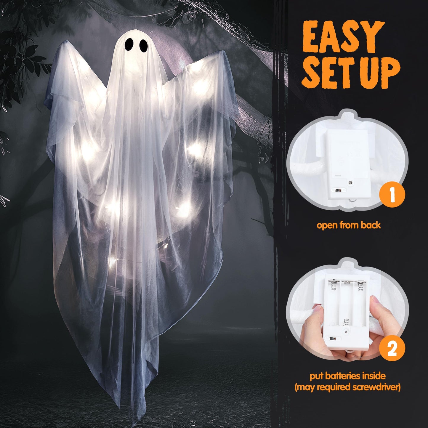 JOYIN Halloween Hanging Light up Ghost with Spooky White LED Light, 47” Halloween Hanging Ghost Decoration for Front Yard Patio Lawn Garden Party Decor Indoor Outdoor