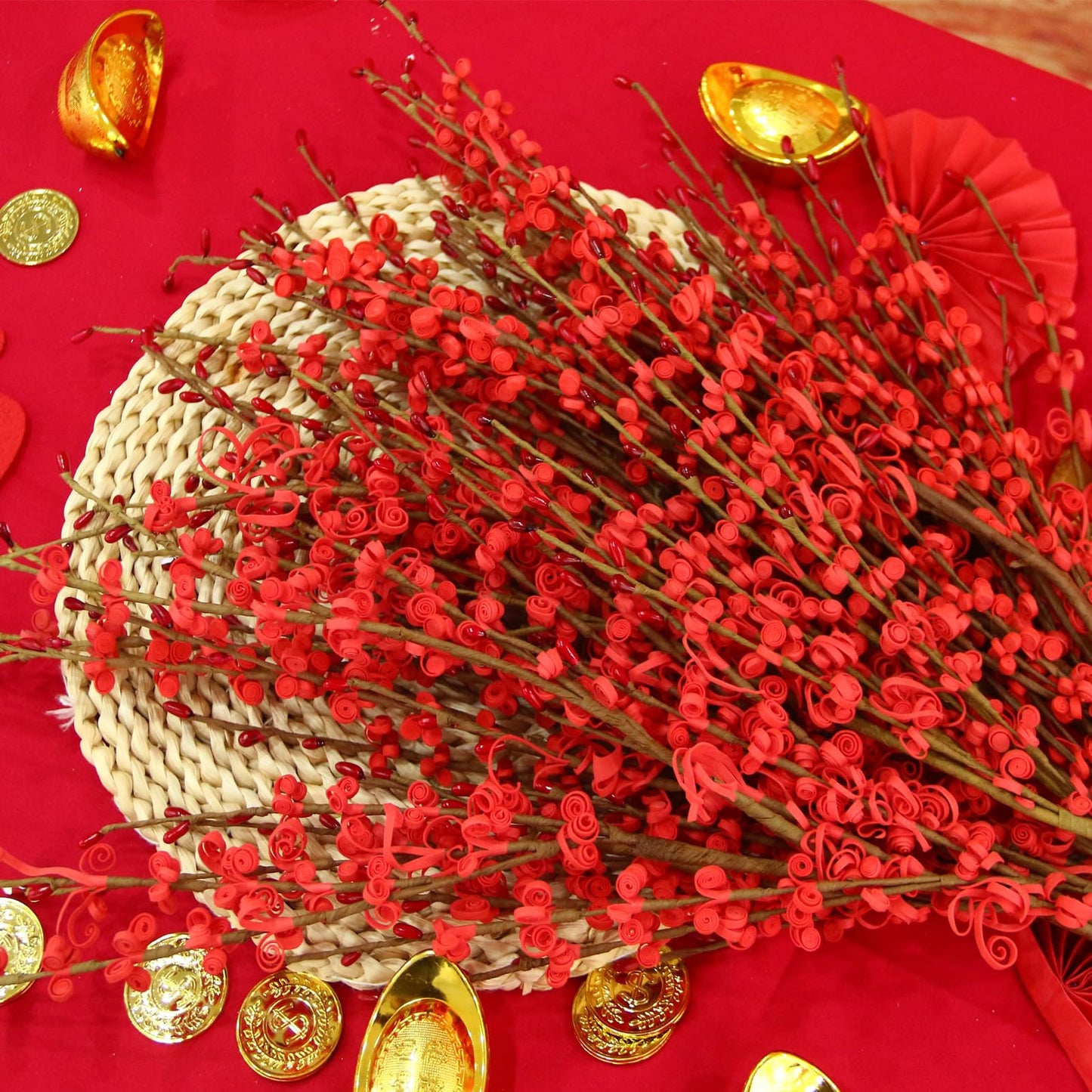 Wolpark 29.5" Long Stem Jasmine Flowers with Mini Berry 5Pcs Red Flowers Artificial Floral Picks for Home Office Wedding Party Decoration