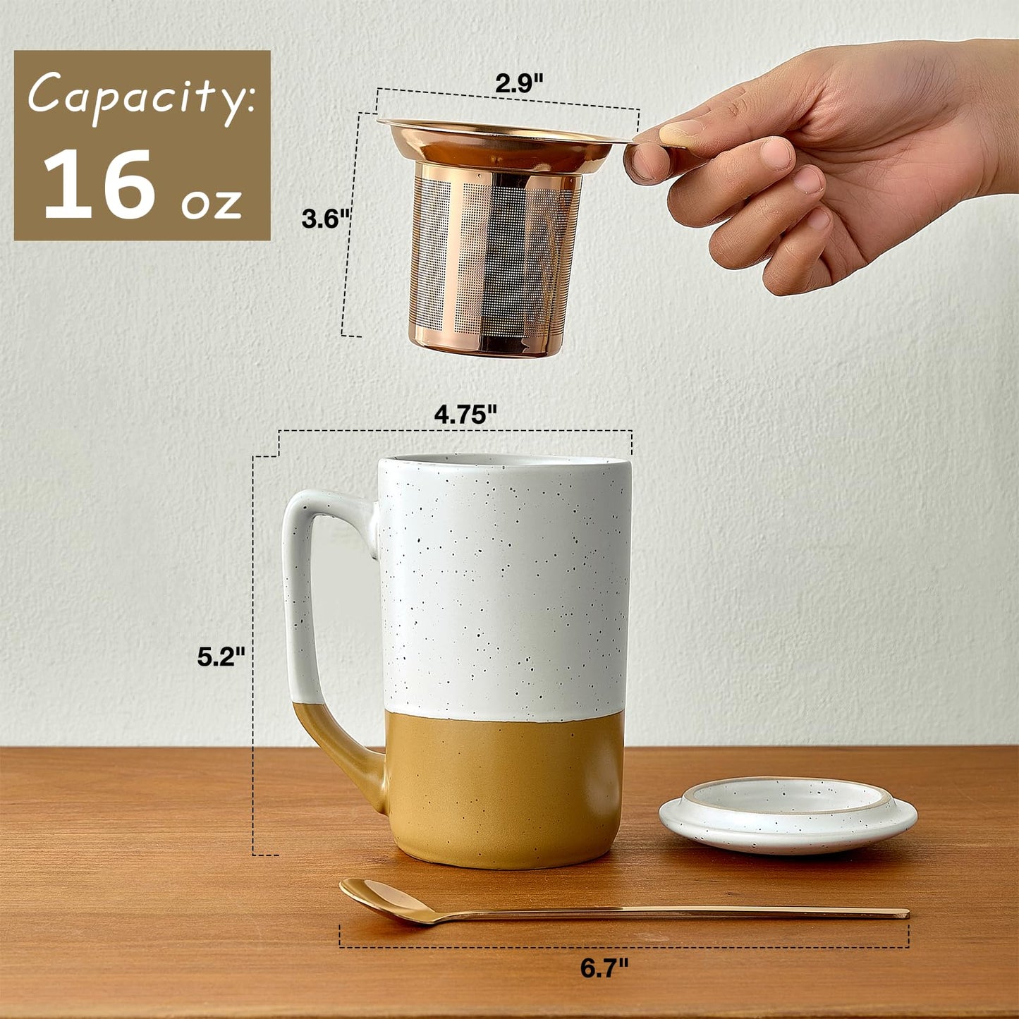 Ceramics Large Tea Cup with Loose Leaf Infuser, Spoon and Lid, 16 oz Tall Coffee Mug, Microwave and Dishwasher Safe, Rustic Matte Ceramic Glaze, Tea Strainer, Amber
