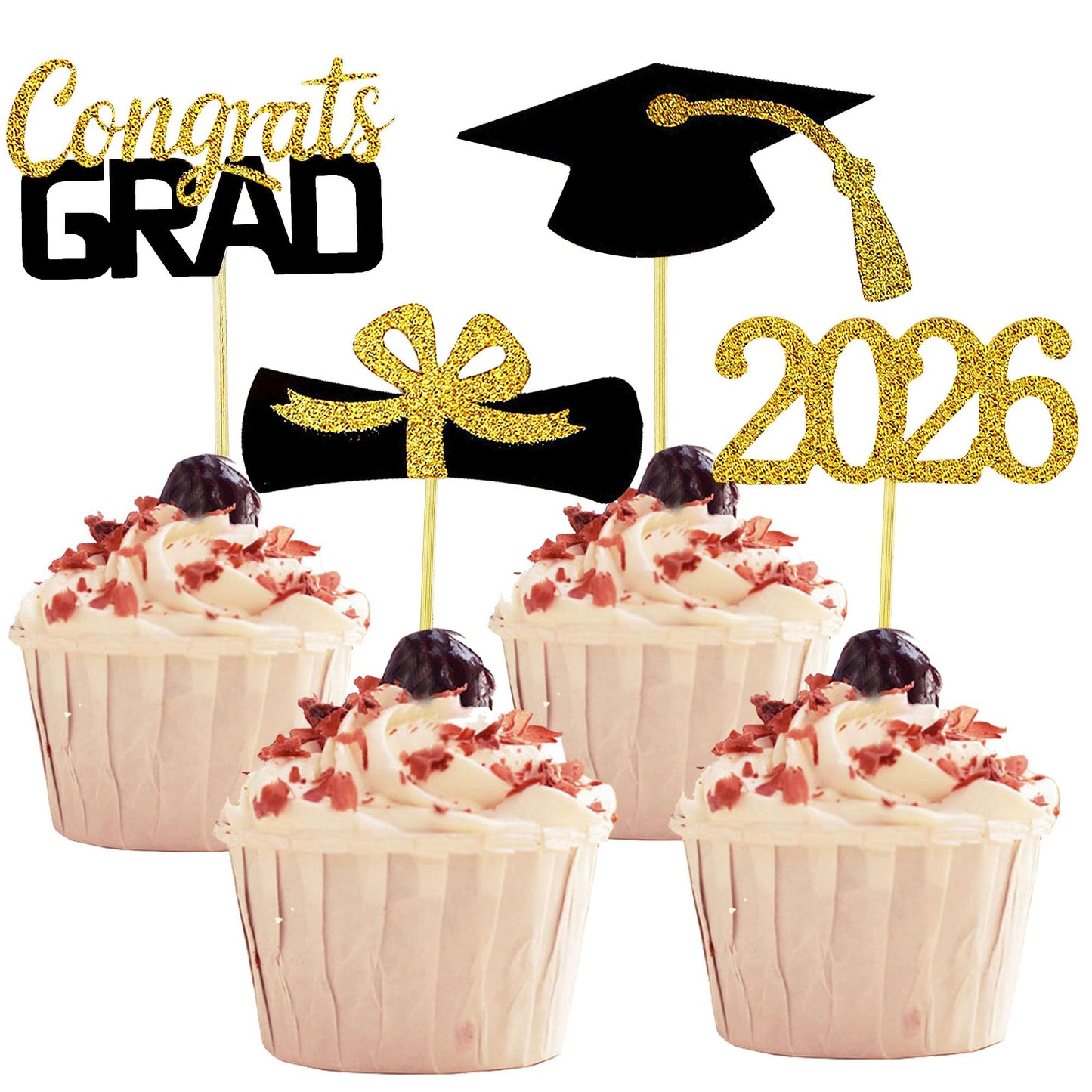 YuBoBo 2026 Graduation Cupcake Toppers, 48 PCS Food/Appetizer Picks For Graduation Party Mini Cake Decorations, Diploma, 2026, Grad Cap Set 48 Pieces (01 Gold)