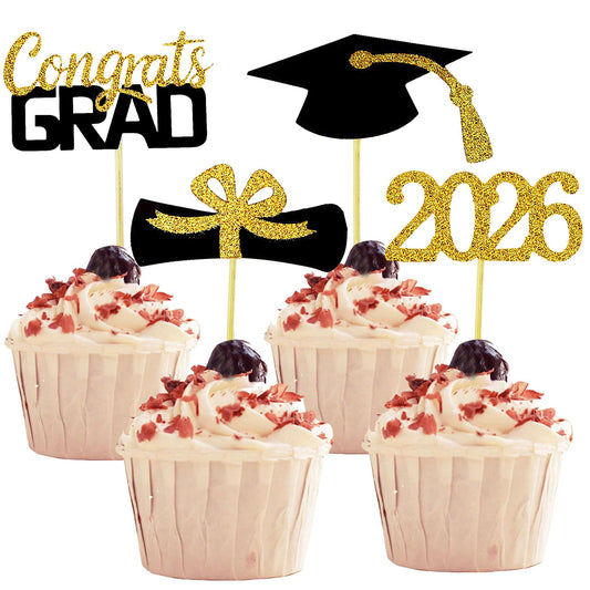 YuBoBo 2026 Graduation Cupcake Toppers, 48 PCS Food/Appetizer Picks For Graduation Party Mini Cake Decorations, Diploma, 2026, Grad Cap Set 48 Pieces (01 Gold)