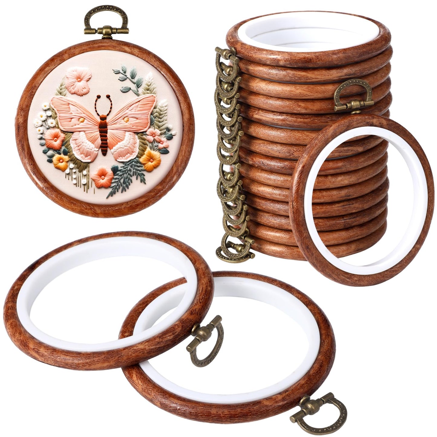 15 Pcs 6 Inch Round Embroidery Hoops Frame Circle Rubber Hoops Ring Display Cross Stitch Ornament Imitated Wood Frame Kits for Christmas Halloween Craft Sewing DIY Hanging Gifts