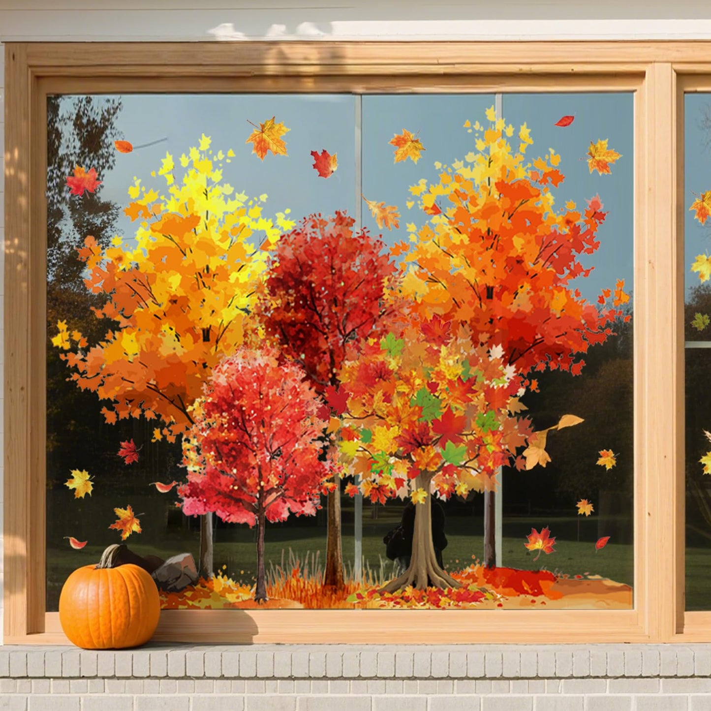 9 Sheets Fall Window Clings Maple Leaves Tree Window Stickers Double-Sided Glass Decals for Autumn Harvest Thanksgiving Home Party Decoration