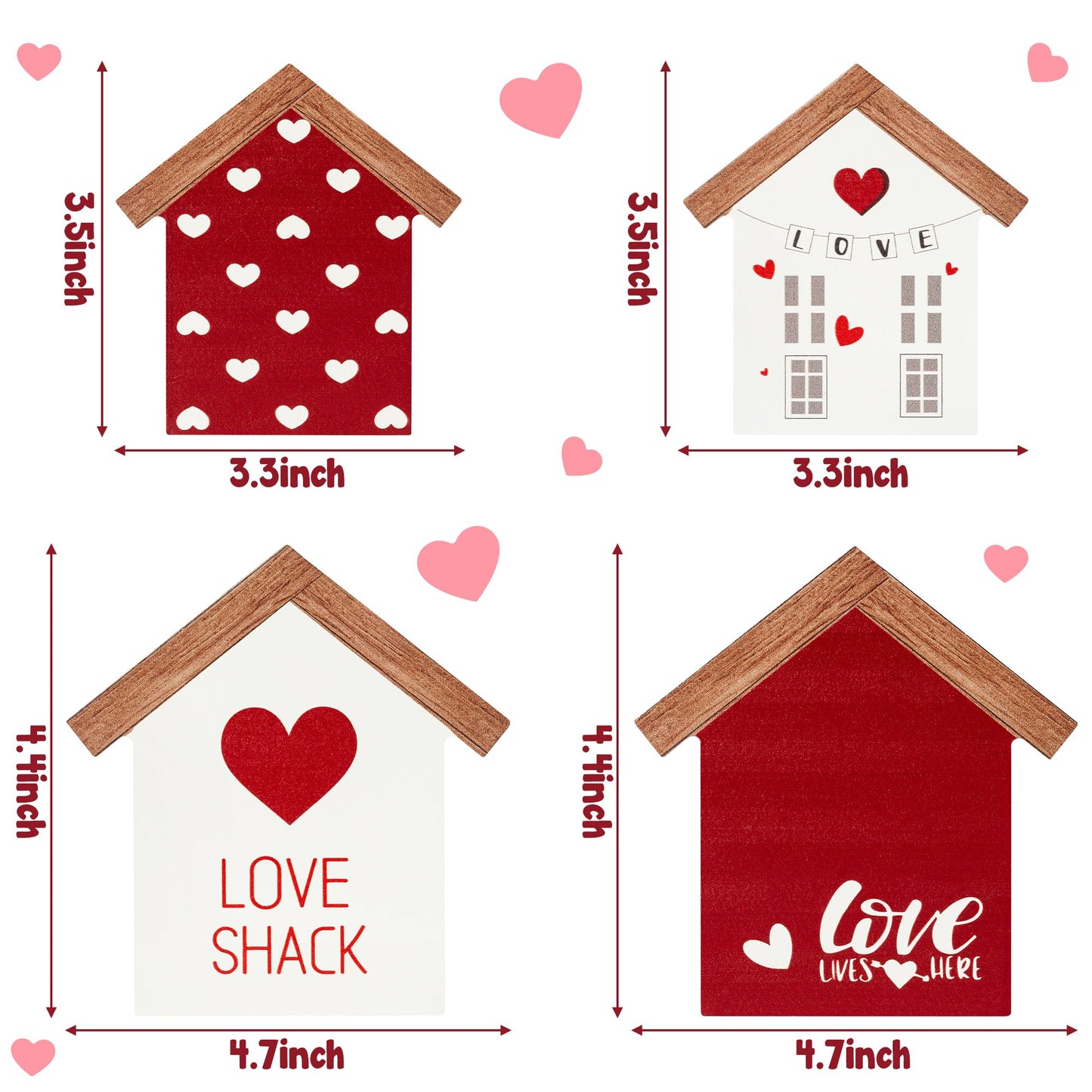 4PCS Valentine House Shaped Wooden Tiered Tray Sign Table Decor, Happy Valentine's Day Tabletop Wood Centerpiece, Romantic Sweet Love Shack Decoration for Wedding Engagement Party