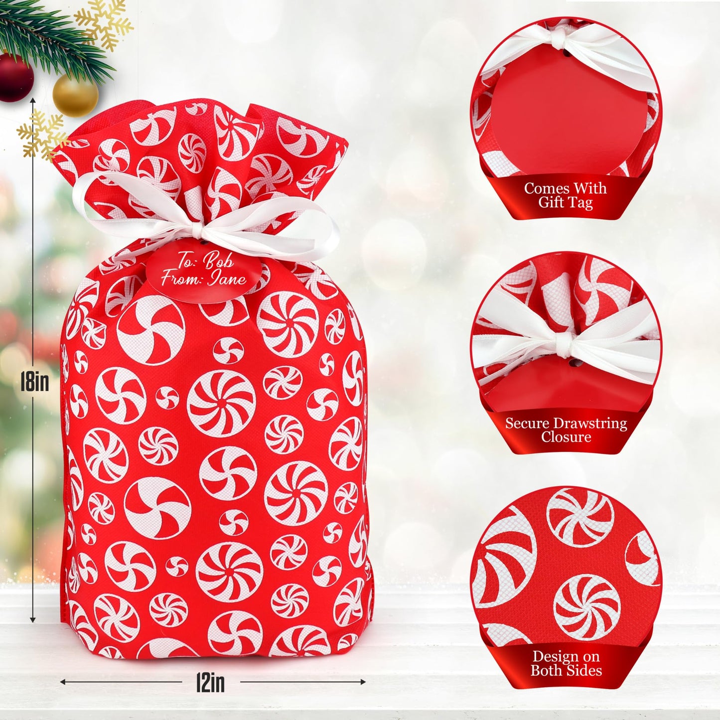 Fabric Gift Bags for Christmas Presents, Set of 6 Drawstring Bags, Cloth Bag, Reusable Gifts (Red Designs)