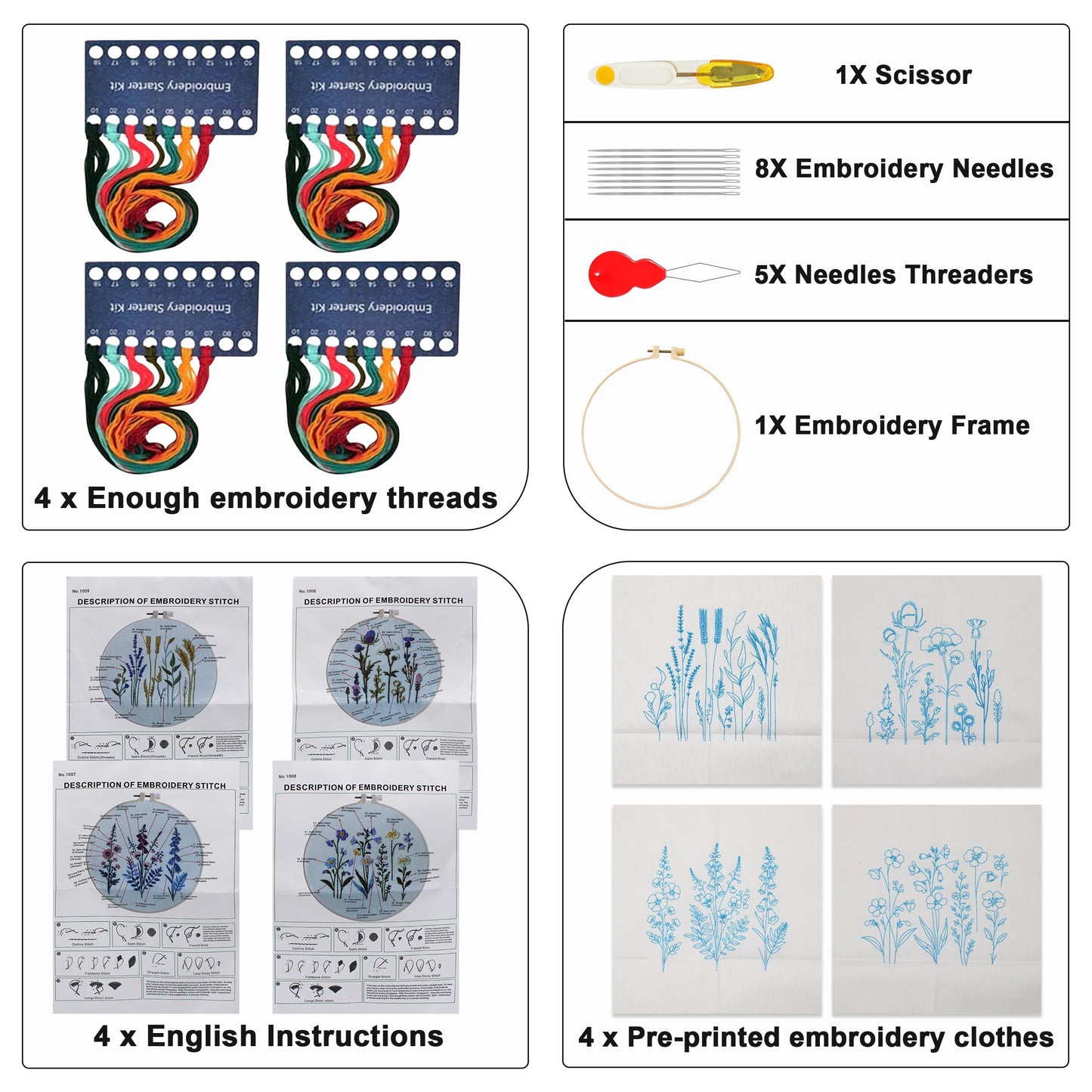 Maydear 4 Sets Embroidery Kit Punch Needle Kit,Embroidery Kit for Beginners Adults Cross Stitch Kits with Embroidery Hoop and Instructions, Hand Embroidery Starter Kit (Embroidery kit Flowers)