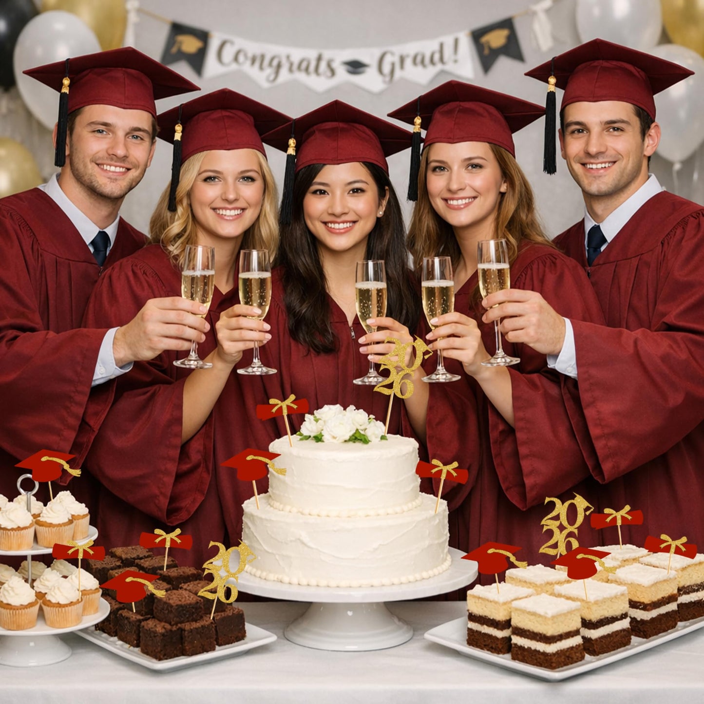OHOME Graduation Decorations 2026-36 PCS Graduation Cupcake Toppers - 2026 Graduation Party Decorations - Mini Cake Decorations for Class of 2026,Diploma, 2026, Grad Cap Set (Red)
