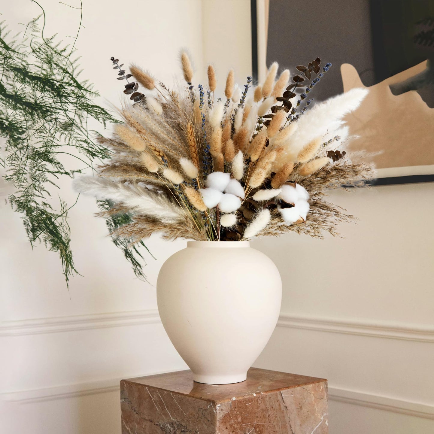 Natural Dried Flower Bouquet - Pampas Grass, Cotton Stems, Bunny Tails, Eucalyptus, Lavender & Wheat - Rustic Boho Decor for Home, Fall Decorations for Home, Wedding, or Gift