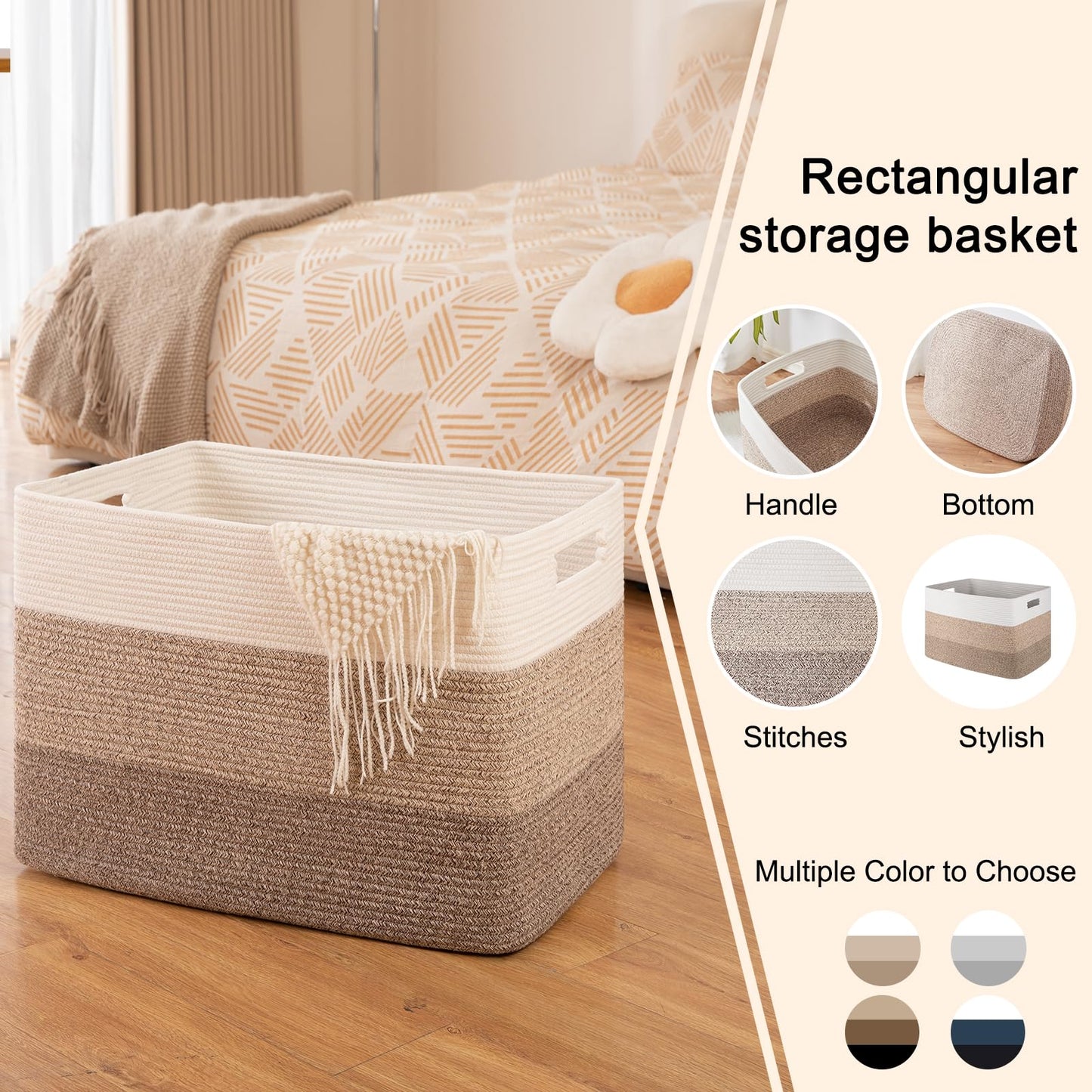 OIAHOMY 108L Super Large Blanket Basket, 25”x16”x16”(108L) Rectangle Woven Baskets for Storage, Cotton Rope Basket For Living Room, Toy Storage with Handle- Gradient Brown