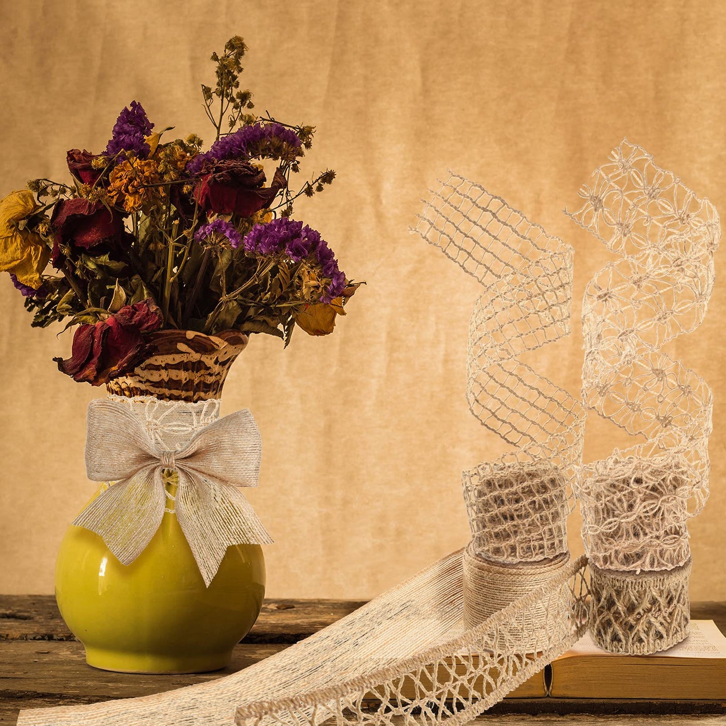 4 Rolls Burlap Ribbon Natural Jute Burlap Lace Mesh Weeding Trim Craft Wrapping Ribbon for Holiday Party DIY Handmade Artist Home Decor Packaging