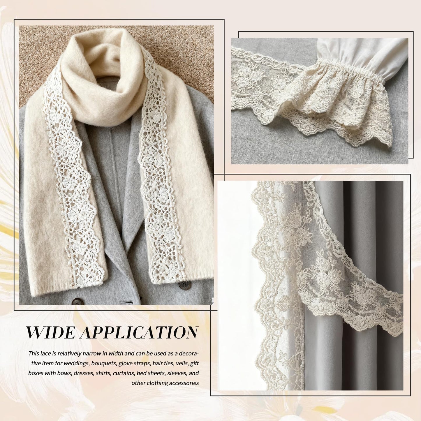 LYXMYGS Lace Trim Ribbon, 3-Yard White Lace Ribbon, 3.3 Inch Width White Laces Trims Delicate Floral Pattern Ribbons for Crafts Sewing and Bridal Wedding Dress Applique Decorations