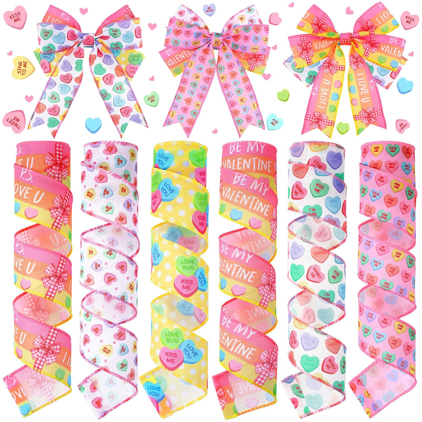 6 Rolls 30 Yards Valentine's Day Ribbons Conversation Heart Wired Wrapping Crafts Valentine Edge Ribbon Wreath Decorations for Gift Wrap DIY Crafts Wedding Birthday Party Decoration