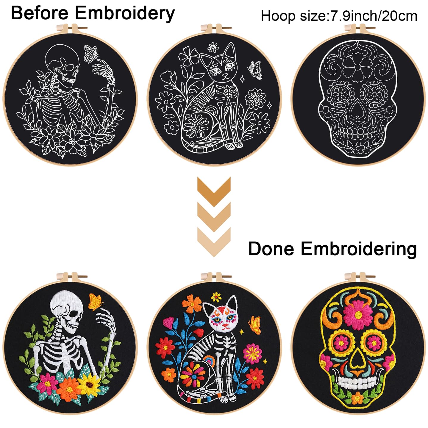 3 Sets Halloween Embroidery Kits for Beginners,Cross Stitch Kit for Adults,DIY Starters Needlepoint with Skull Flowers Pattern,Including Instruction