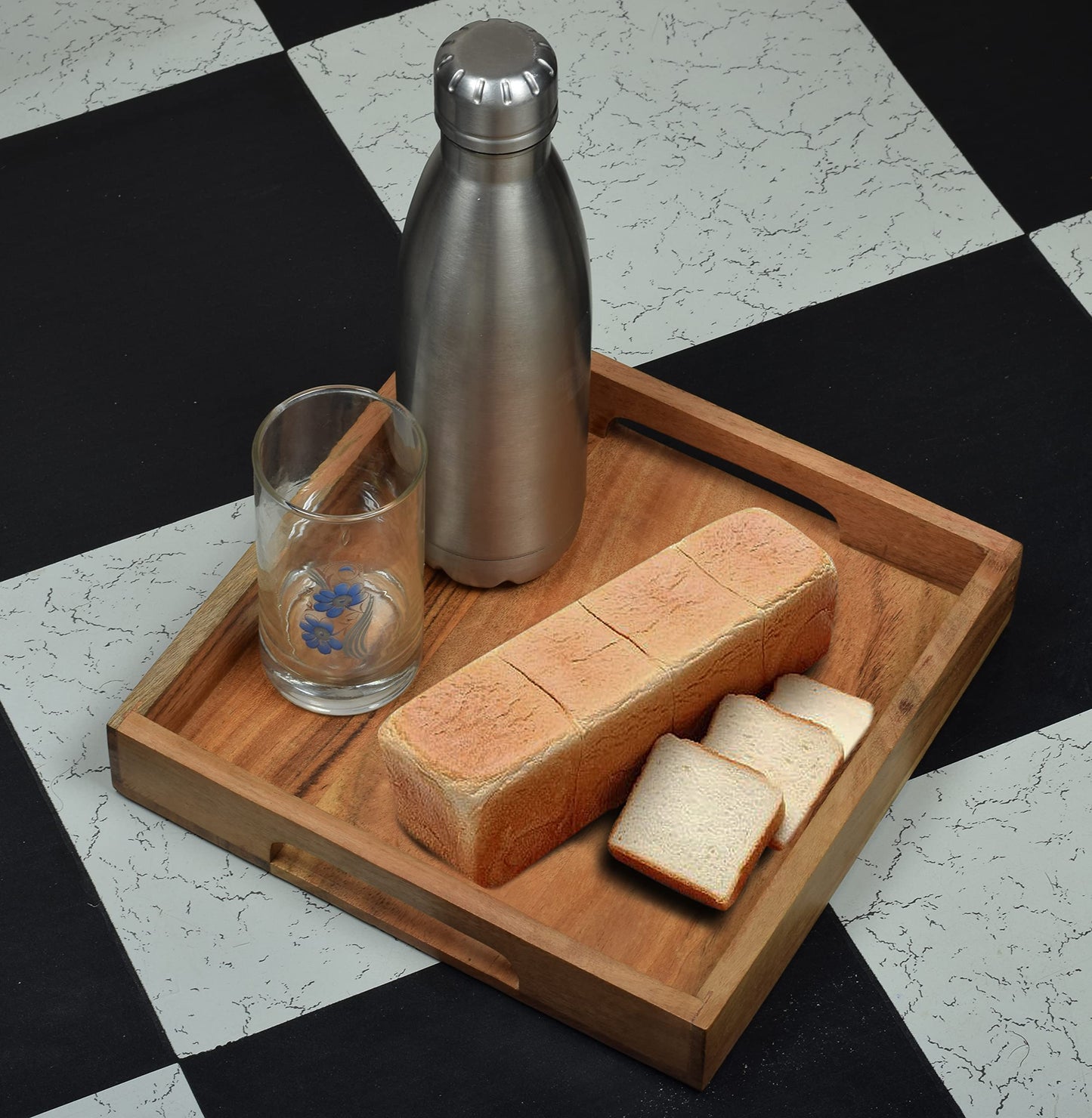 Acacia Wood Serving Tray with Handles,Wooden Serving Tray, Snack Tray, Breakfast Tray, Great for, Breakfast, Coffee |Size- 10" x 10" x 1.75"