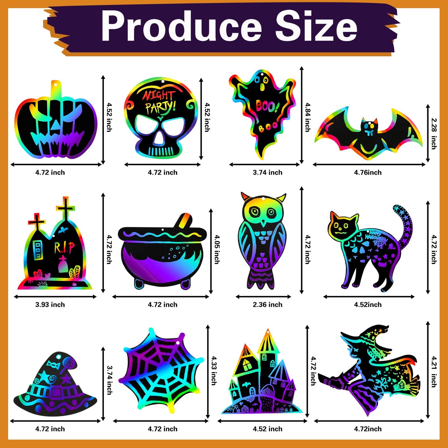 Max Fun Halloween Crafts for Kids Scratch Off Art Paper Cards 48Pack, Magic Rainbow Ornaments Hanging Supplies Educational Toys Kit Halloween Party Games Favor