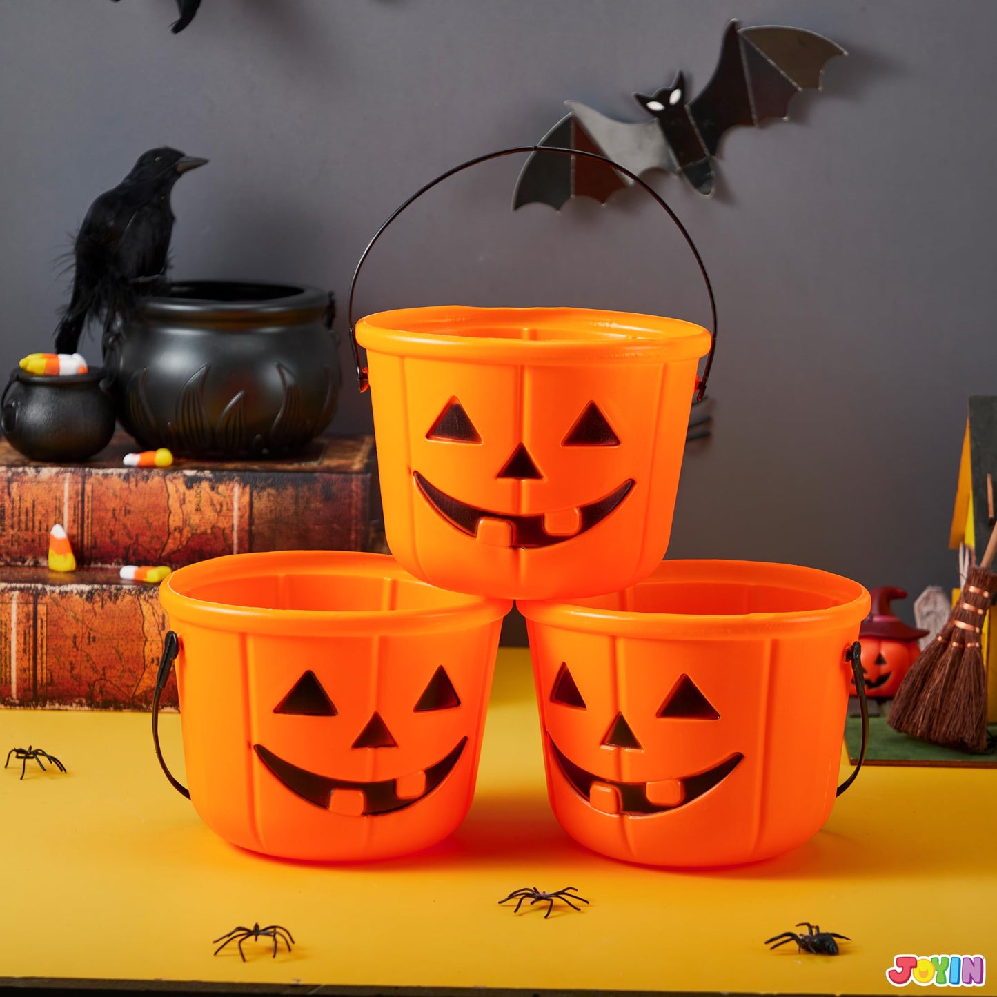 JOYIN 6PCS Halloween Trick or Treat Pumpkin Bucket, Jack O Lantern Candy Basket and Buckets for Trick or Treating, Orange Halloween Pails with Handle for Kids Party Favors Supplies Props