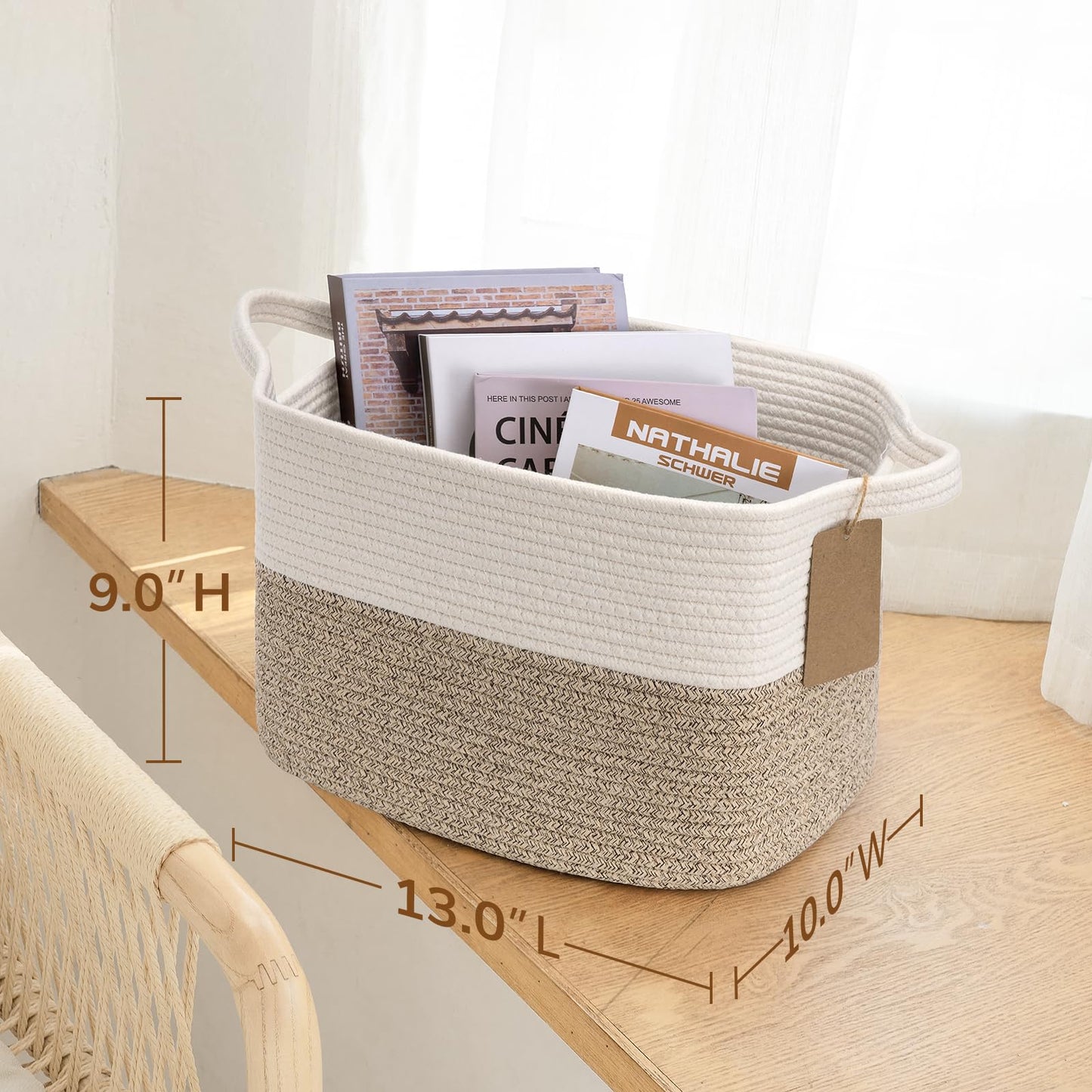 Goodpick Woven Storage Basket for Shelves, Cotton Rope Dog Toy Bin, Empty Gift Basket with Handles, Square Baskets for Storage, Brown and White Storage Bin, 13 x 10 x 9 Inches