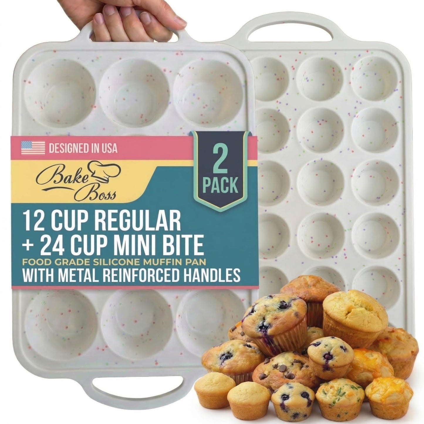 2-Pack Silicone Muffin Pan Set – Regular 12 Cup & Mini 24-Cup Silicone Muffin Pans for Baking – Nonstick Silicone Cupcake Pan with Metal-Reinforced Handles – BPA-Free, Dishwasher-Safe, Cream