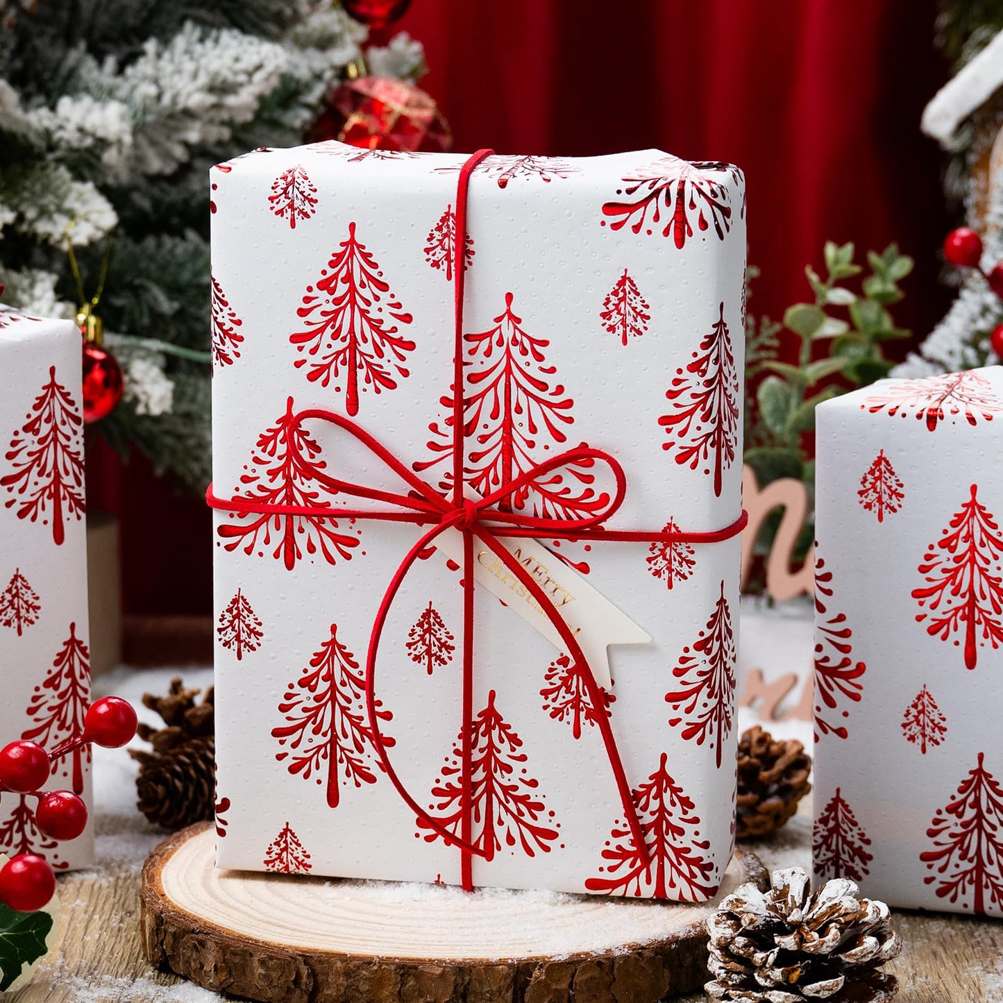 Kraft Christmas Wrapping Paper-White 3D Embossed Gold Foil Christmas Pine Tree with Woodlands for Holiday, Party,Celebration, New Year (17 Inch X 32.8 Feet)
