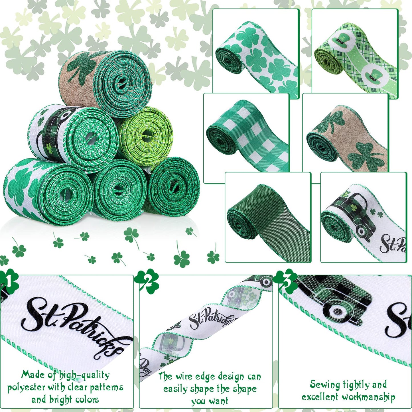 6 Rolls St. Patrick's Day Ribbon 2.5 Inch x 24 Yards Shamrocks Wired Edge Ribbon Green Clover Grosgrain Fabric Ribbons for St Patricks Day Gift Wrapping Wreath DIY Craft Hair Bow and Sewing
