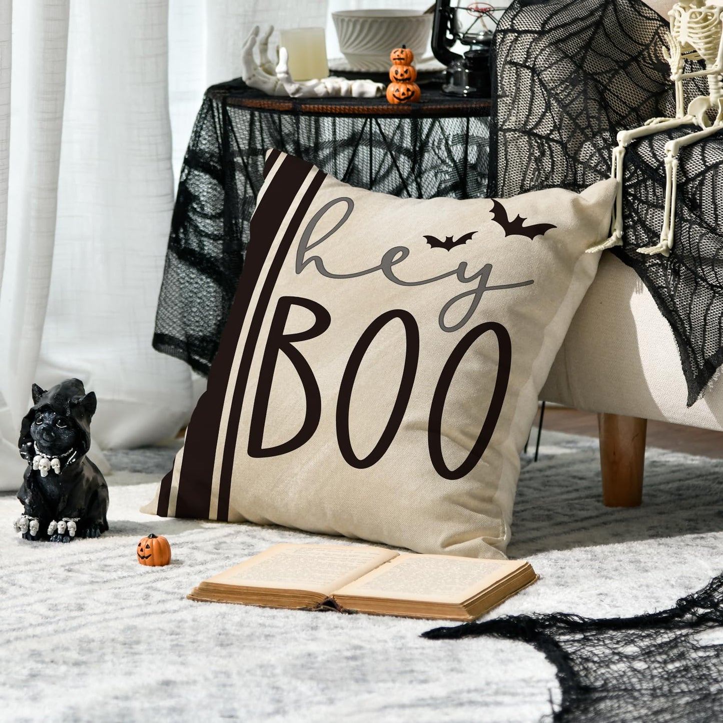 Halloween Pillow Cover, Halloween Hey Boo Cute Ghost Spooky Throw Pillow Covers, 18 x 18 Inch Horror Scary Cushion Case for Sofa Couch Set of 4, Black
