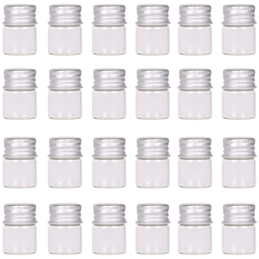 MaxMau Mini Glass Bottles with Screw Caps 5ml 24 Sets Aluminum Top Metal Lids 5 Milliliter Tiny Vials Small Jars DIY Storage Art Craft Decor
