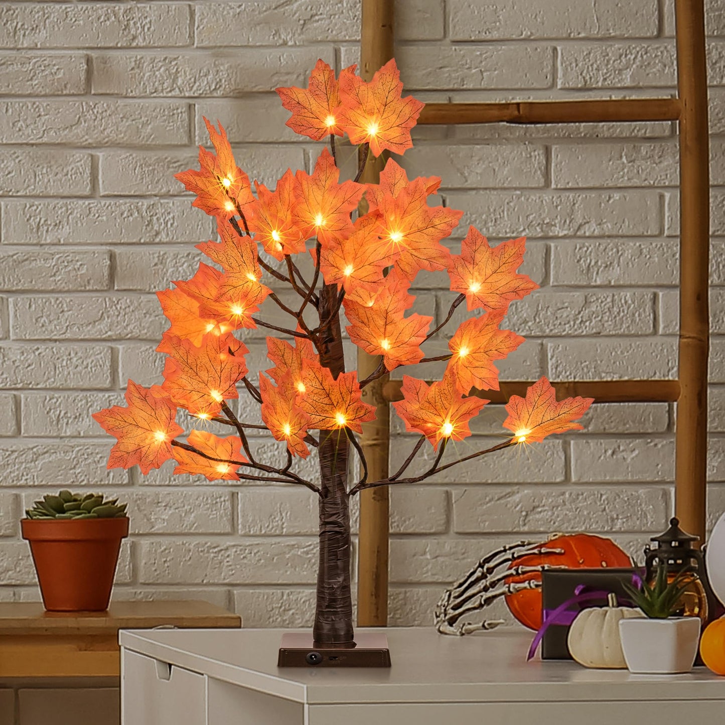 24IN Lighted Maple Tree for Fall Decorations, USB & Battery Operated with Timer Table Lights for Home Party Indoor Outdoor Thanksgiving Autumn Harvest Decor