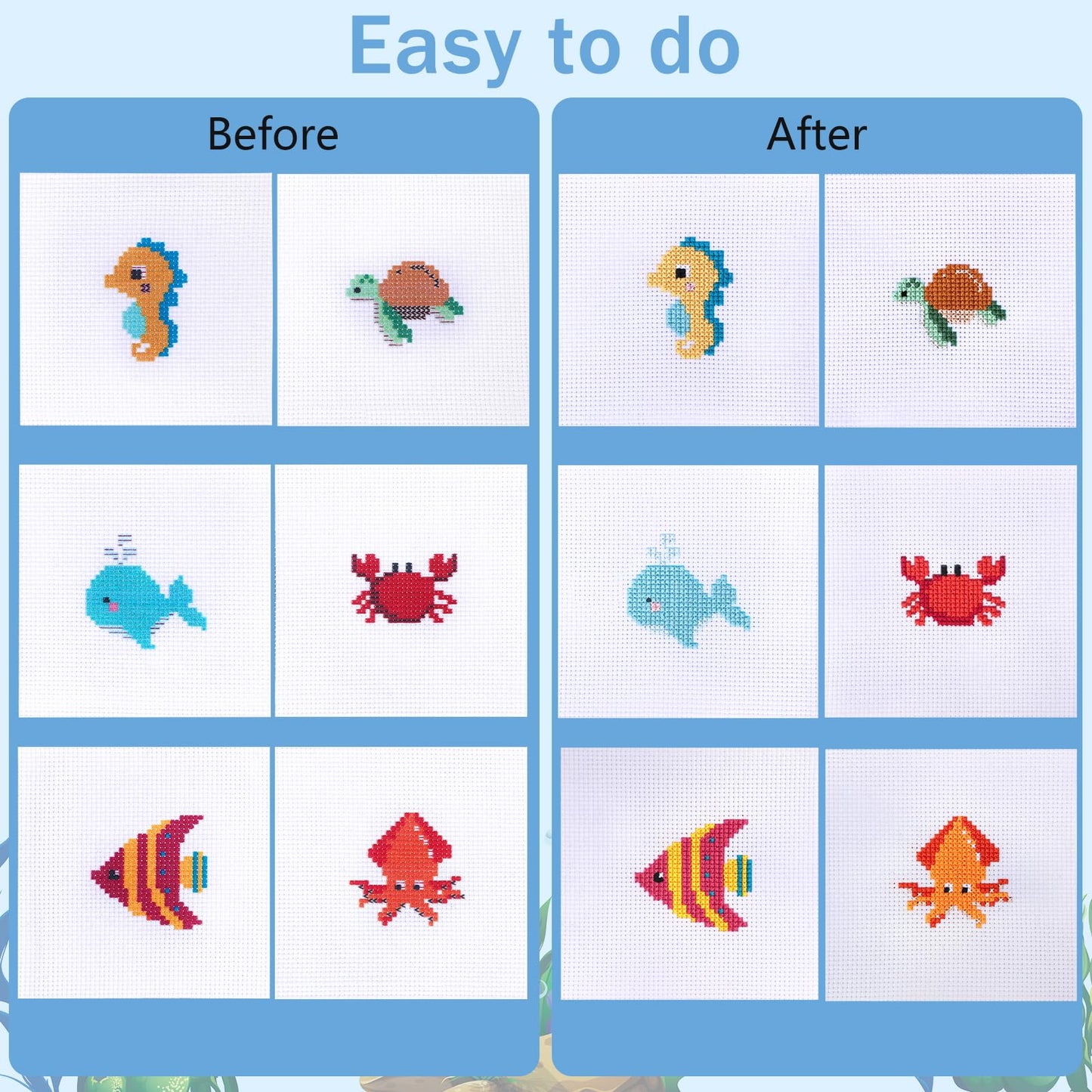 6 Pieces Sea Animal Cross Stitch Kit for Kids with Stamped Aida Cloth, Embroidery Hoops, Keychains, Embroidery Tools and Instructions for Beginners DIY Craft Ornament