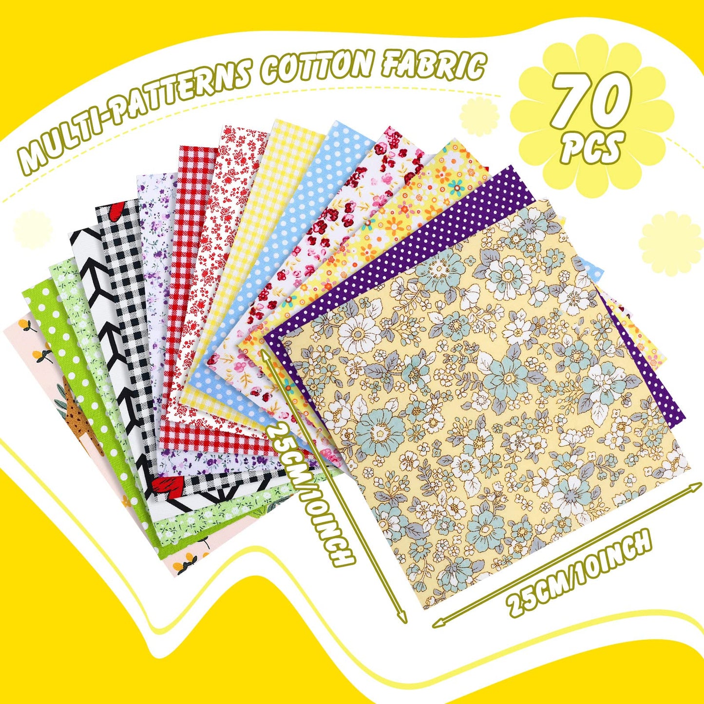 70 Pcs 10 x 10 Inch Cotton Fabric Squares Multicolor Quilting Fabric Bundles Precut Printed Patchwork Materials for Holiday DIY Crafts Cloths Handmade(Fresh Style)