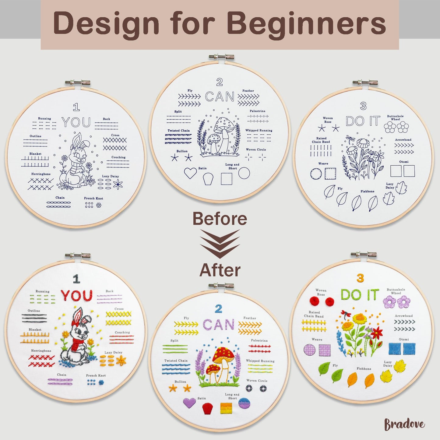 Bradove Embroidery Kit for Beginners, Learn to Embroider Top 29 Stitches and Cute Embroidery Patterns with Video Tutorial and Instruction Booklet, Beginner Embroidery Kit for Adults Kids, Stitches Kit