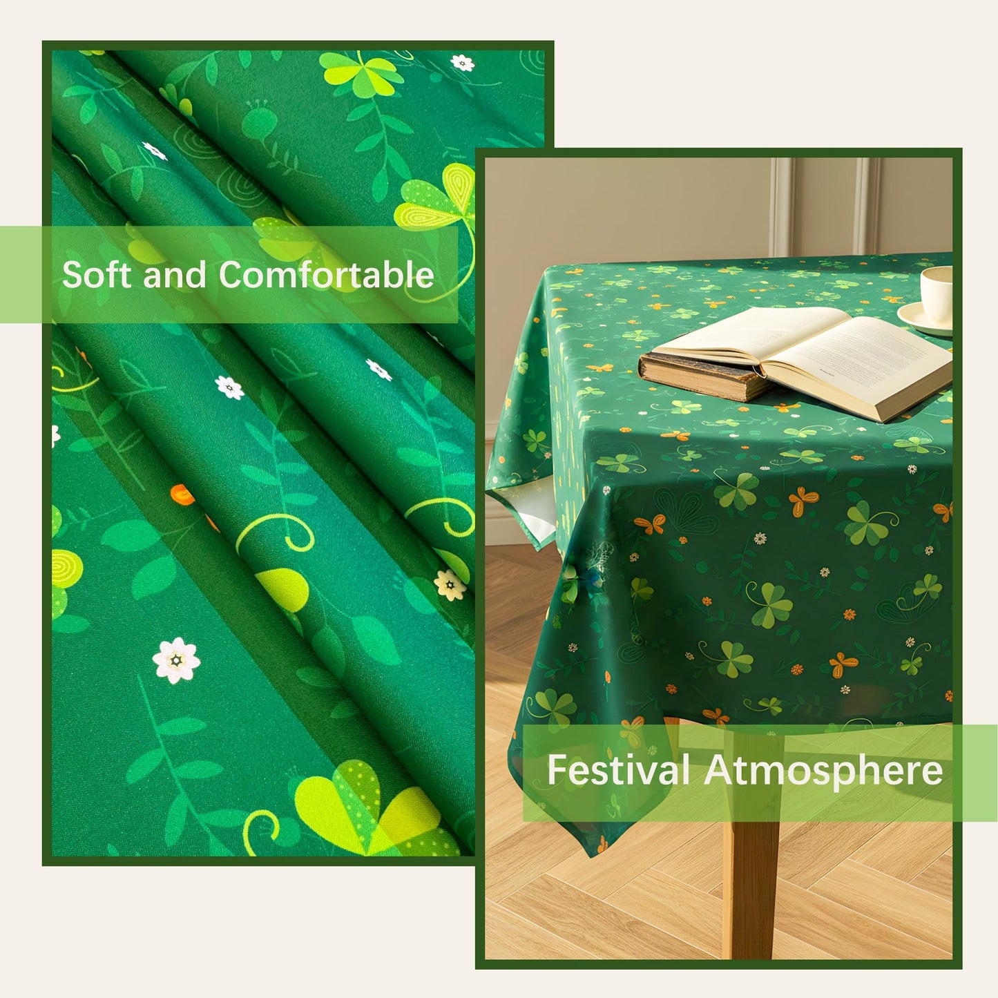 St. Patrick’s Day Tablecloth Waterproof Green Clover Table Cover – Shamrock Pattern Fabric Table Cloth for Dining Room, Party, Kitchen & Holiday Decoration, W60 x L84 in
