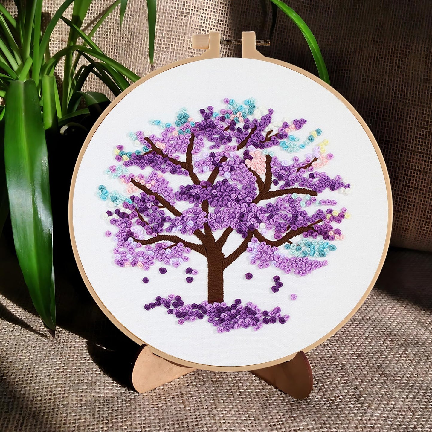 Embroidery Starter Kit for Beginners, 4 Sets Stamped Cross Stitch Kits for Adult, Seasonal Tree Pattern Hand DIY Kits with 2 Embroidery Hoop Instructions Color Threads Needles and Scissor