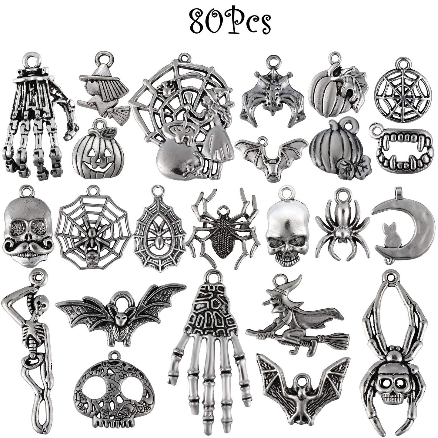 Hicarer 80 Pieces Halloween Charms Pendants Antique Silver Pendants Halloween Jewelry Making Accessory for DIY Necklace Bracelet