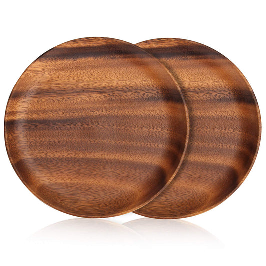 2 Pcs 10 Inch Acacia Wood Dinner Plates Set for Eating Wooden Round Charcuterie Boards Kitchen Serving Platters for Food Dishes Cheese Tray Dessert Salad Plate Wood Charger Plates Decorative Trays