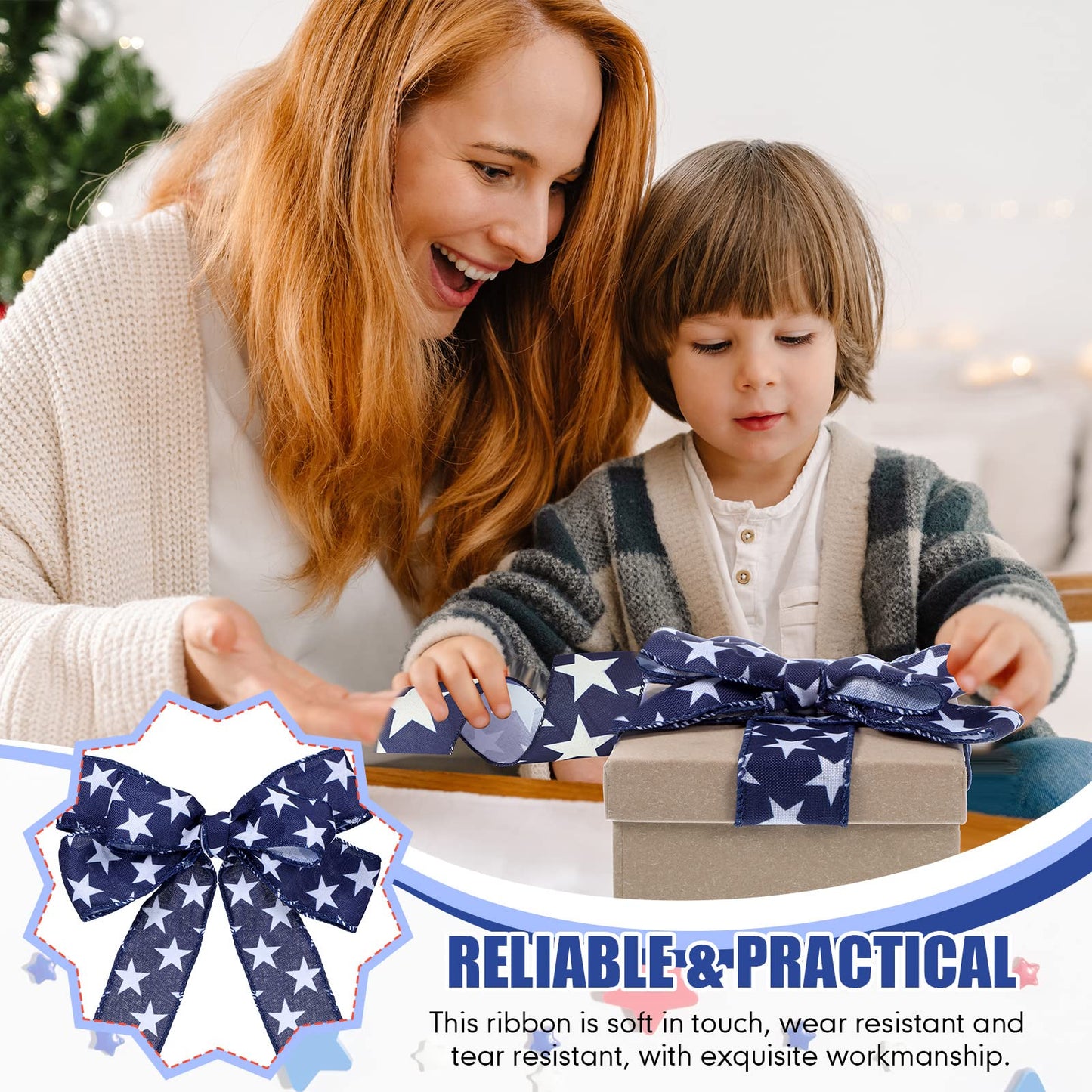 Hoteam 250th Anniversary 2 Rolls 20 Yard Red White and Blue Ribbon Patriotic Star and Striped Wired Royal USA Ribbon DIY Crafts for Xmas Holiday Decor(1.5 Inch,Red, White, Blue)