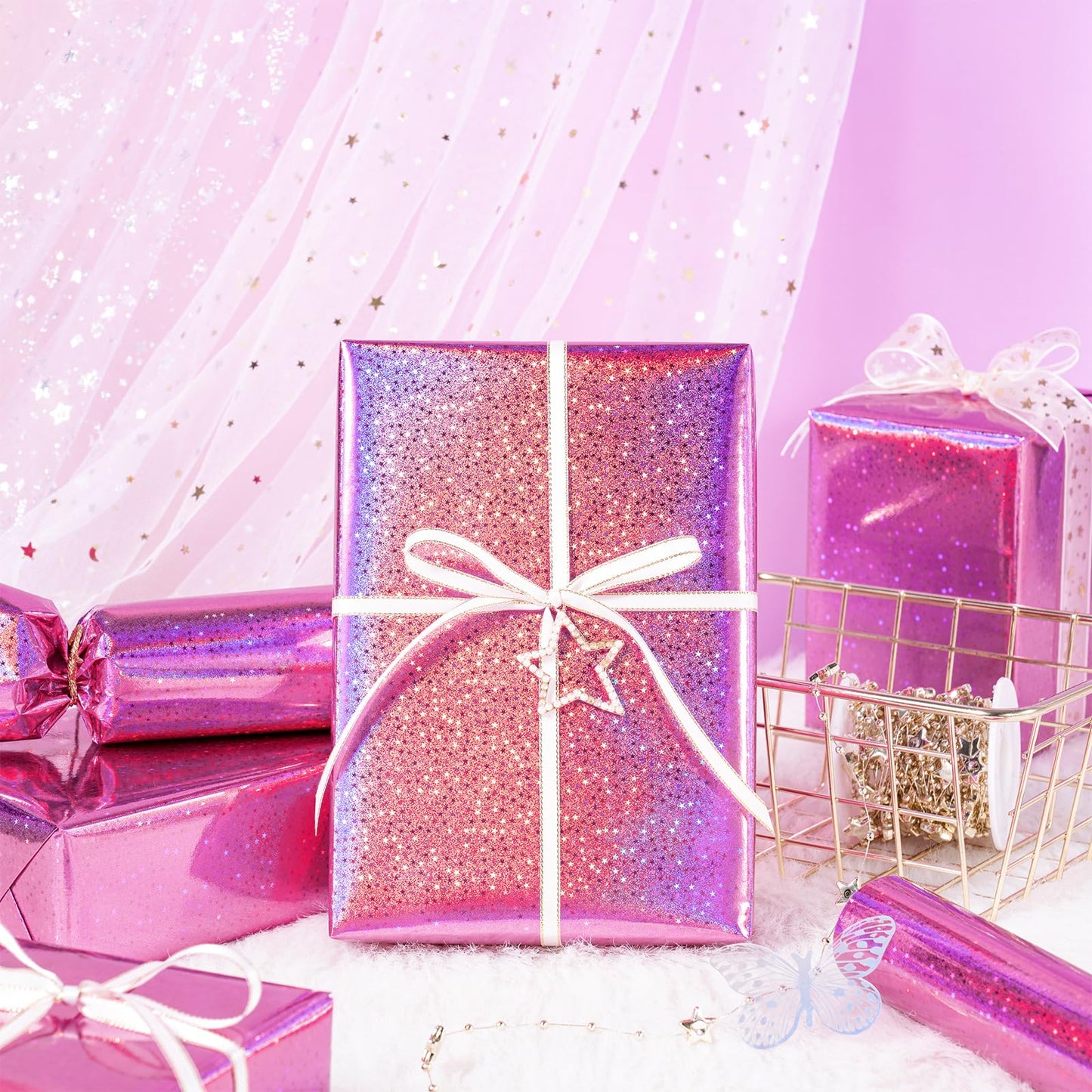 Pink Wrapping Paper Roll - Mini Roll - 17 Inch x 16.5 Feet - Metallic Holographic Star Wrapping Paper for Birthday, Wedding, Baby Shower, Bridal Shower, Christmas