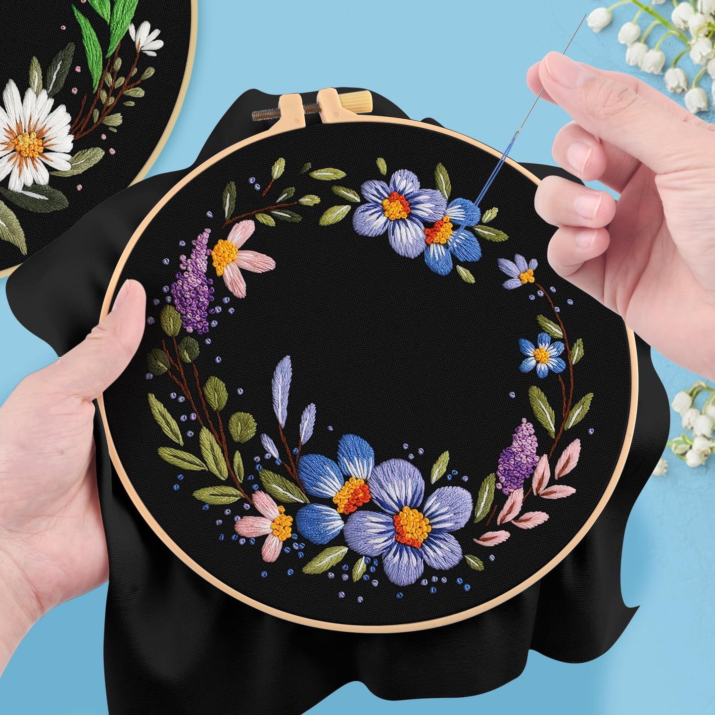 3 Sets Embroidery Kit, Floral Cross Stitch Set for Include Embroidery Cloth Hoops Threads for Craft Lover Hand Stitch (Garlands)