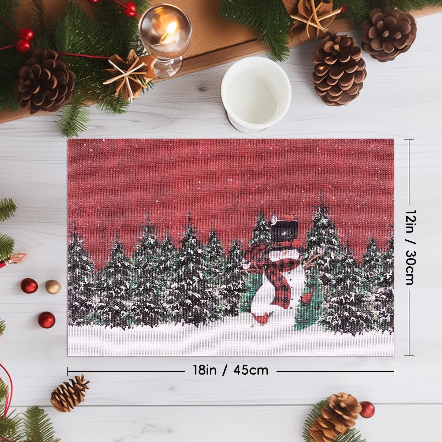 Christmas Placemats Set of 6, Washable Christmas Place Mats for Party Kitchen Dining Decoration, Indoor/Outdoor Woven Vinyl Table Mats, Non-Slip Heat Resistant Holiday Placemats, Easy to Clean